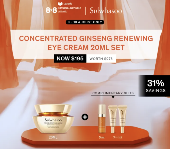 [Gifts Available only on 8-10 Aug] Sulwhasoo Concentrated Ginseng Renewing Eye Cream 20ml Set. PHOTO: Lazada