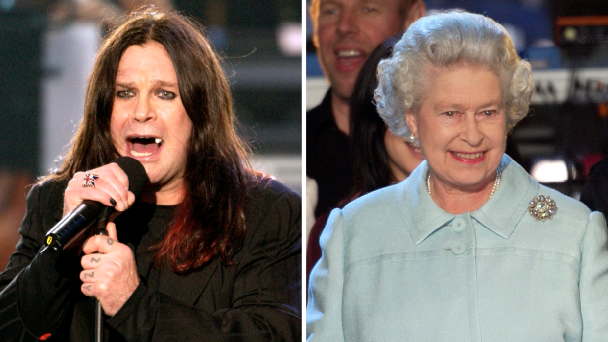  Ozzy Osbourne onstage in 2002, next to a picture of Queen Elizabeth II. 