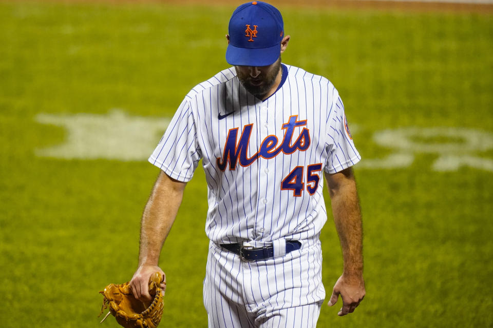 New York Mets starting pitcher Michael Wacha (45) walks to the dugout during the sixth inning of a baseball game against the Tampa Bay Rays Wednesday, Sept. 23, 2020, in New York. (AP Photo/Frank Franklin II)