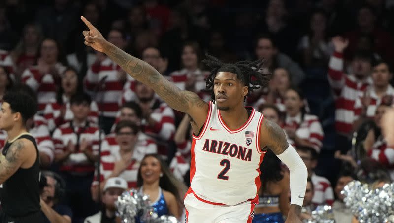 Arizona guard Caleb Love reacts after scoring against Colorado during game Thursday, Jan. 4, 2024, in Tucson, Ariz. The Utes travel to Tucson to face the No. 10-ranked Wildcats Saturday night.