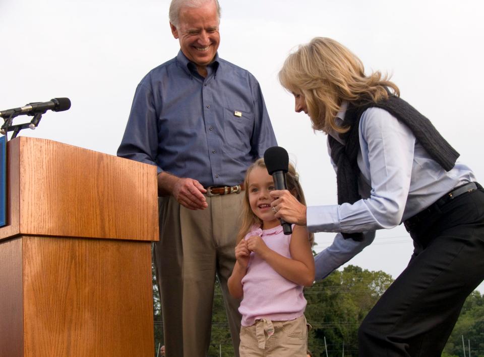 Natalie Biden makes an impromptu speech at a campaign event as Joe Biden and Jill Biden look on