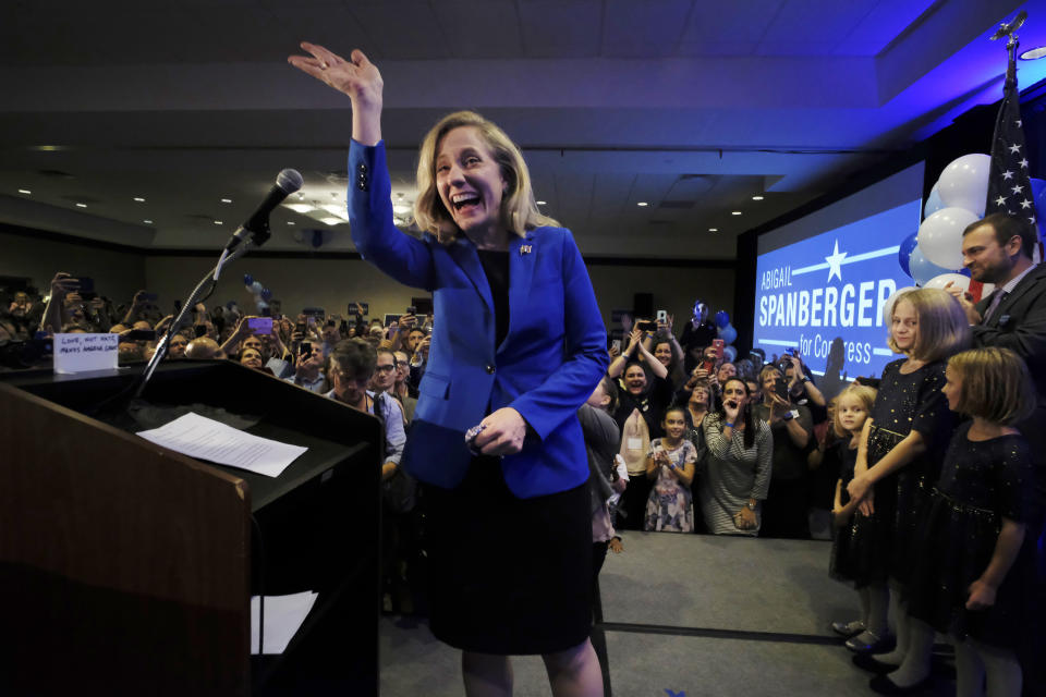 Democrat Abigail Spanberger, victorious candidate for the 7th Congressional District seat, at her election night party in Richmond, Va.(Photo: Bob Brown/Richmond Times-Dispatch/AP ).