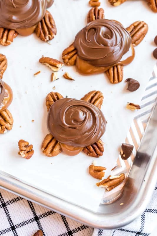 <p>Shugary Sweets</p><p>Pecans, caramel and chocolate are always a winning combo.</p><p><strong>Get the recipe: <a href="https://www.shugarysweets.com/homemade-turtles/" rel="nofollow noopener" target="_blank" data-ylk="slk:Homemade Turtles;elm:context_link;itc:0;sec:content-canvas" class="link rapid-noclick-resp">Homemade Turtles</a></strong></p>