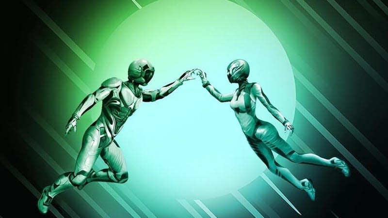 An illustration of two people in spacesuits touching hands