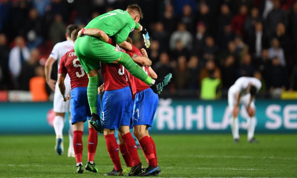 Czech Republic players celebrate beating England 2-1 in qualifying in October 2019.