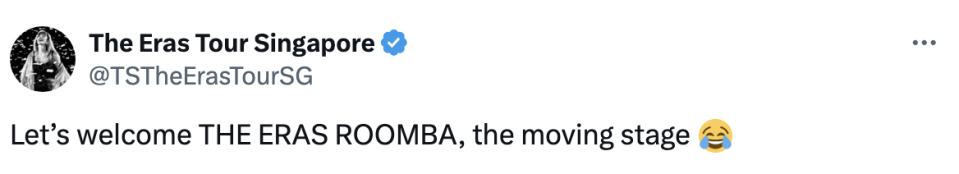 Tweet from The Eras Tour Singapore announcing "The ERAS ROOMBA, the moving stage" with emojis