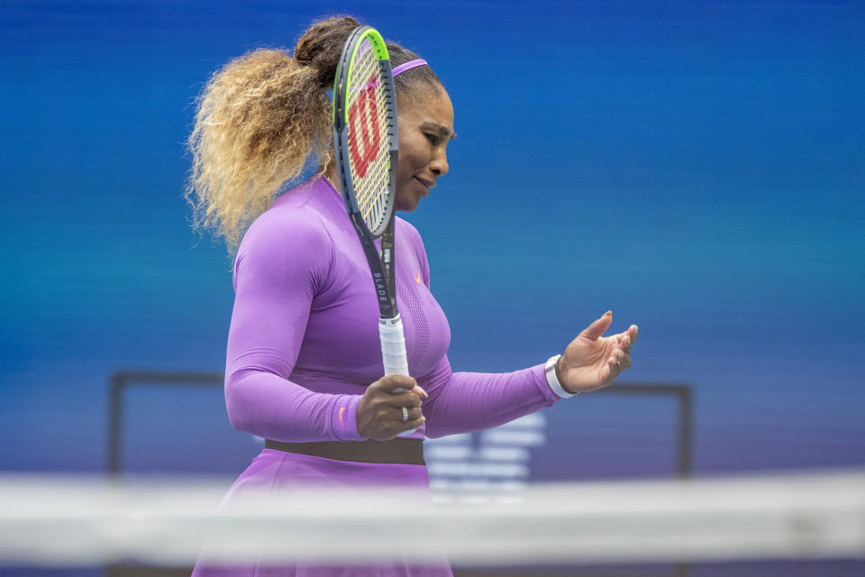 2019 US Open Tennis Tournament- Day Thirteen.    Serena Williams of the United States reacts during her match against Bianca Andreescu of Canada in the Women's Singles Final on Arthur Ashe Stadium during the 2019 US Open Tennis Tournament at the USTA Billie Jean King National Tennis Center on September 7th, 2019 in Flushing, Queens, New York City.  (Photo by Tim Clayton/Corbis via Getty Images)