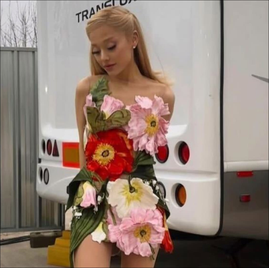  Ariana Grande wearing a floral dress. 