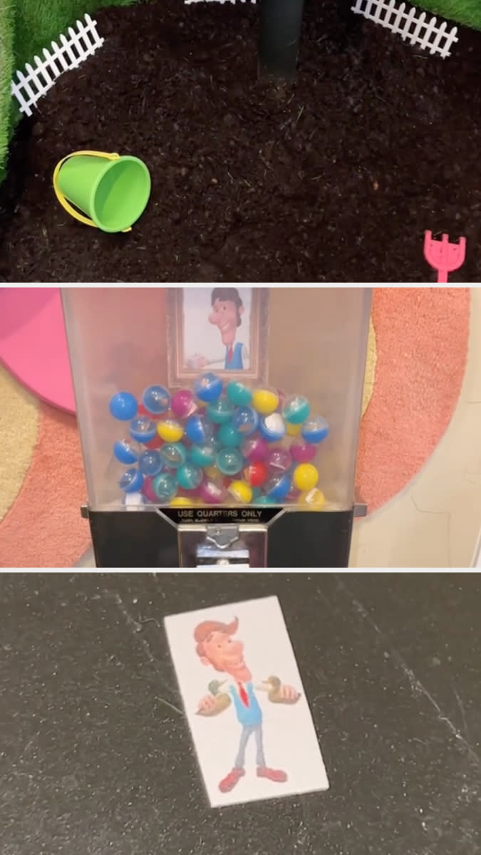 Myra's dirt pit is being displayed, alongside her candy machine featuring a photo of Jimmy Neutron's dad, Hugh