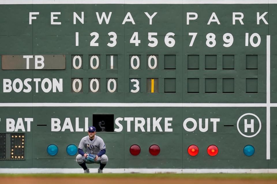 Left fielder Austin Meadows on April 7, 2021, at Fenway Park, in Boston.