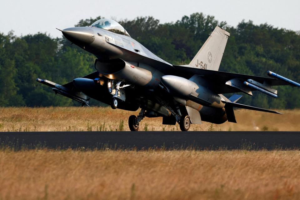 A Dutch F-16 fighter jet is seen at the Volkel Air Base in Volkel, Netherlands (REUTERS)