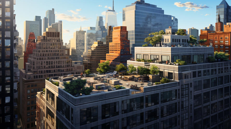A rooftop view of a bustling downtown area, emphasizing the company's investments in the real estate sector.