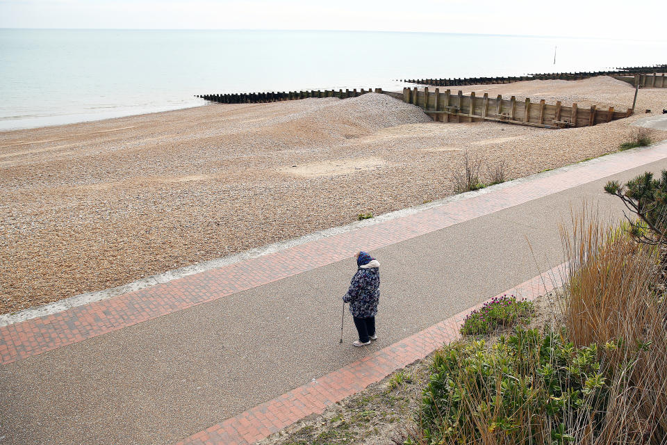 EASTBOURNE, ENGLAND - APRIL 02: People exercise on Eastbourne promenade on April 02, 2020 in Eastbourne, England. The Coronavirus (COVID-19) pandemic has spread to many countries across the world, claiming over 40,000 lives and infecting hundreds of thousands more. (Photo by Bryn Lennon/Getty Images)