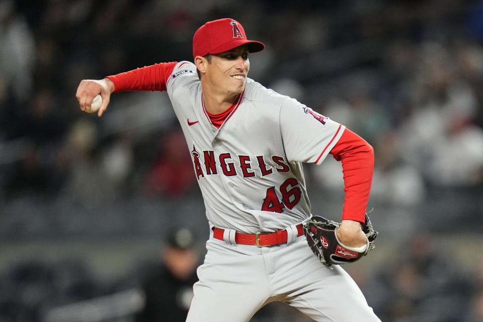 Los Angeles Angels' Jimmy Herget pitches during the seventh inning of the team's baseball game against the New York Yankees on Tuesday, April 18, 2023, in New York. (AP Photo/Frank Franklin II)