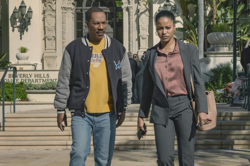 This image released by Netflix shows Eddie Murphy, left, and Taylour Paige in "Beverly Hills Cop: Axel F." (Netflix via AP)