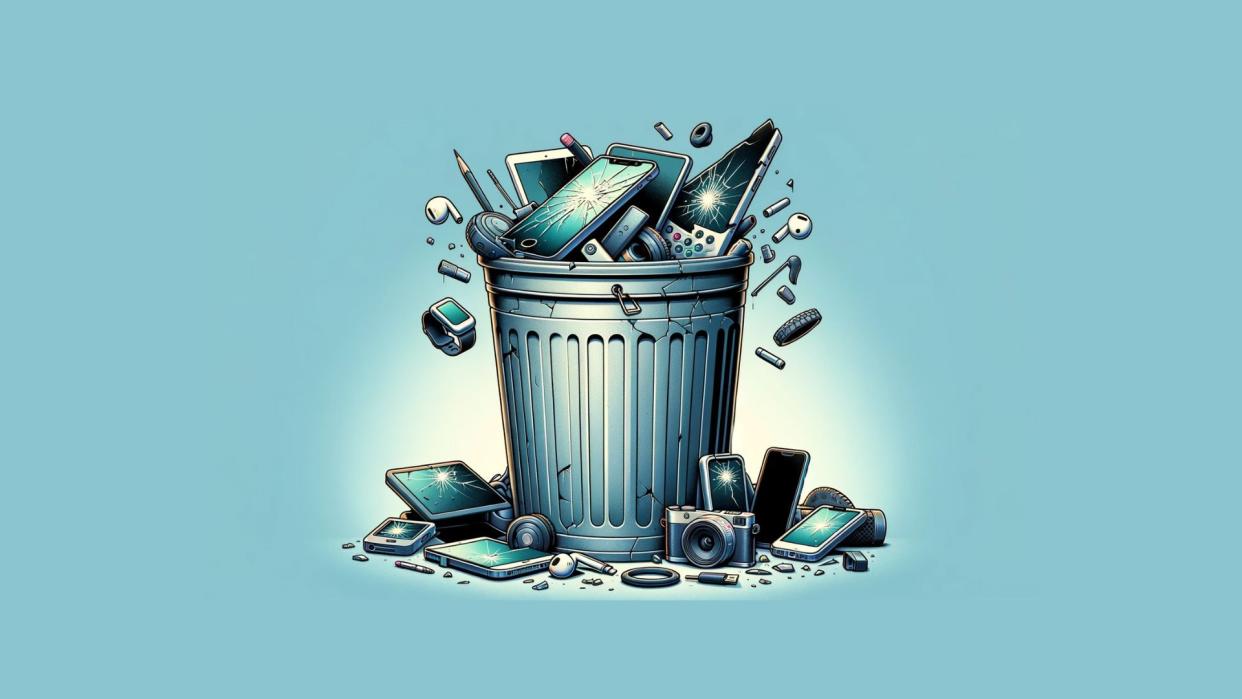 Illustration of trash can full of tech products