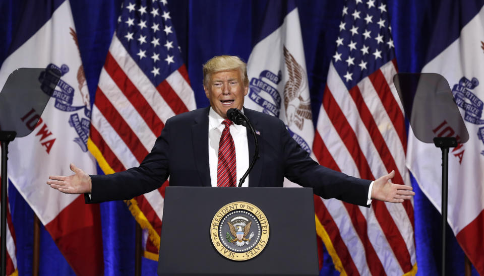 President Donald Trump speaks during the Republican Party of Iowa's America First Dinner, Tuesday, June 11, 2019, in West Des Moines, Iowa. (AP Photo/Charlie Neibergall)