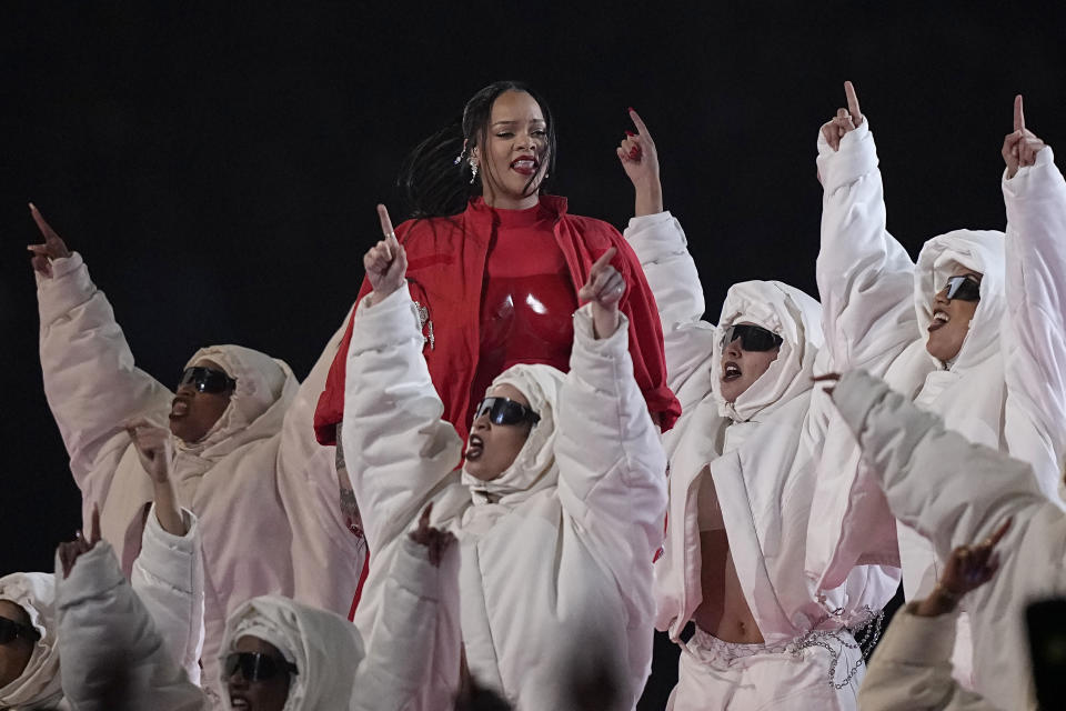 Rihanna performs during the halftime show at the NFL Super Bowl 57 football game between the Kansas City Chiefs and the Philadelphia Eagles, Sunday, Feb. 12, 2023, in Glendale, Ariz. (AP Photo/Brynn Anderson)