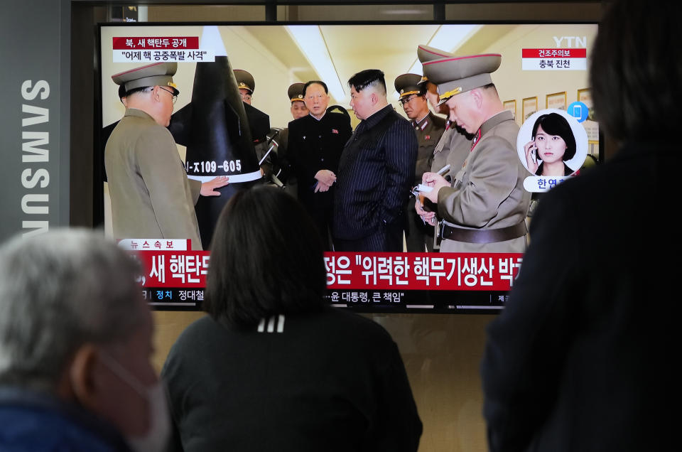 A TV screen shows an image of North Korean leader Kim Jong Un during a news program at the Seoul Railway Station in Seoul, South Korea, Tuesday, March 28, 2023. North Korea on Tuesday claimed it again detonated mock warheads during tests of nuclear-capable missiles and a purported underwater attack drone this week as leader Kim Jong Un called for his nuclear scientists to ramp up production of weapons-grade material to support a rapid expansion of delivery means. (AP Photo/Ahn Young-joon)