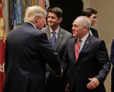 <p>President Donald Trump, left, greets House Majority Whip Steve Scalise of La., before the start of a meeting with House and Senate Leadership in the Roosevelt Room of the White House in Washington, Tuesday, June 6, 2017. Also in the room are House Speaker Paul Ryan of Wis., center, and Senior adviser to President Donald Trump Jared Kushner, far right. (Photo: Pablo Martinez Monsivais/AP) </p>