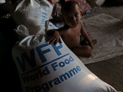 An ethnic Rakhine Buddhist child sits by a rice bag at a camp for internally displaced people in Sittwe, Rakhine state. Myanmar's neighbours should prepare to accept refugees from the country's Rohingya minority who may try to flee abroad to escape bloody communal violence, refugee organisations say