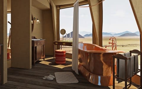 A rendering of a typical tent's bathroom at Sonop