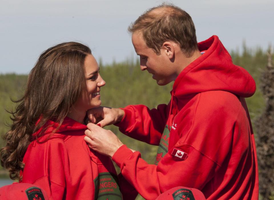 <p>It was the first vacation for Prince William and Kate as newlyweds, and the photos did not disappoint. The couple went on <a href="https://www.dailymail.co.uk/news/article-2011577/Canada-royal-visit-Kate-Middleton-Prince-William-wow-Northwest-Territories.html" rel="nofollow noopener" target="_blank" data-ylk="slk:a canoe ride;elm:context_link;itc:0;sec:content-canvas" class="link ">a canoe ride </a>together, learned about leather making, and had this cute moment.</p>