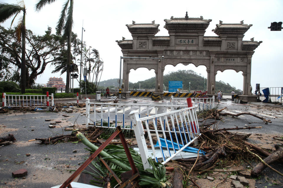 <p>Debris is left on road after typhoon Hato lands in Zhuhai on Aug. 23, 2017 in Zhuhai, Guangdong Province of China. (Photo: VCG/VCG via Getty Images) </p>