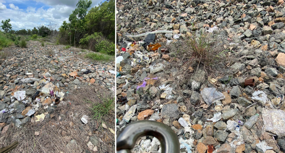 The rubbish scattered along rocks in Townsville.