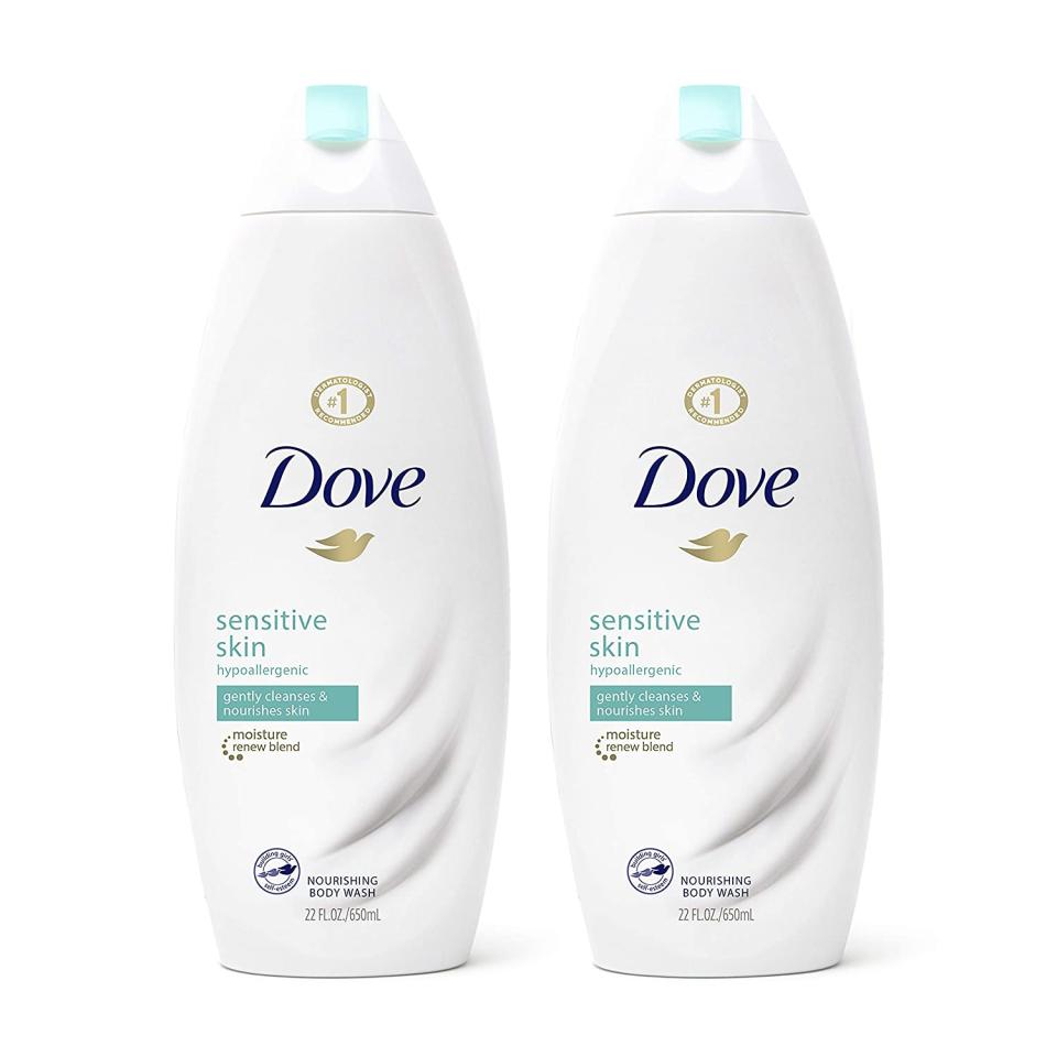 Two bottles of Dove Sensitive Skin Body Wash; best body wash for sensitive skin