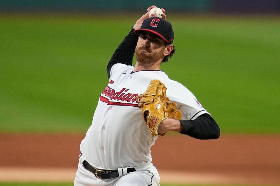 Guardians starter Shane Bieber pitches to a Baltimore Orioles batter on Sept. 22 in Cleveland.