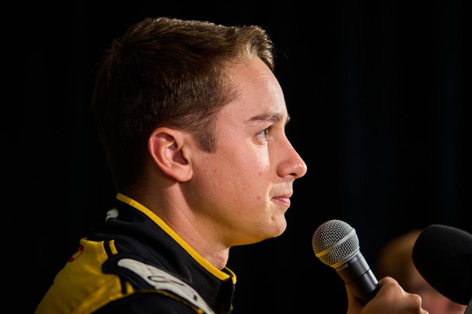 Nov 3, 2022; Phoenix, AZ, USA; Christopher Bell, the driver of the NASCAR Cup Series No. 20 Joe Gibbs Racing Toyota speaks to the media during the NASCAR media day at Phoenix Convention Center on Thursday, Nov. 3, 2022 ahead of the championship races at Phoenix International Raceway. Mandatory Credit: Alex Gould/The Republic