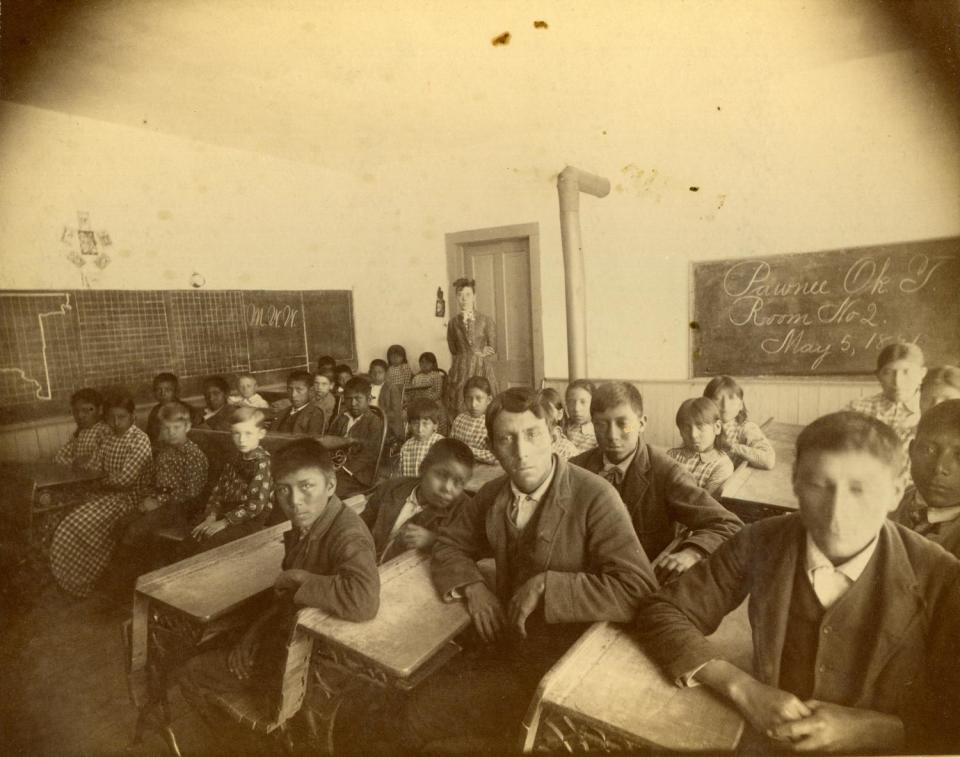 Photograph of Mrs. Wright's 4th grade room at the Pawnee Boarding School in the late 1800s.