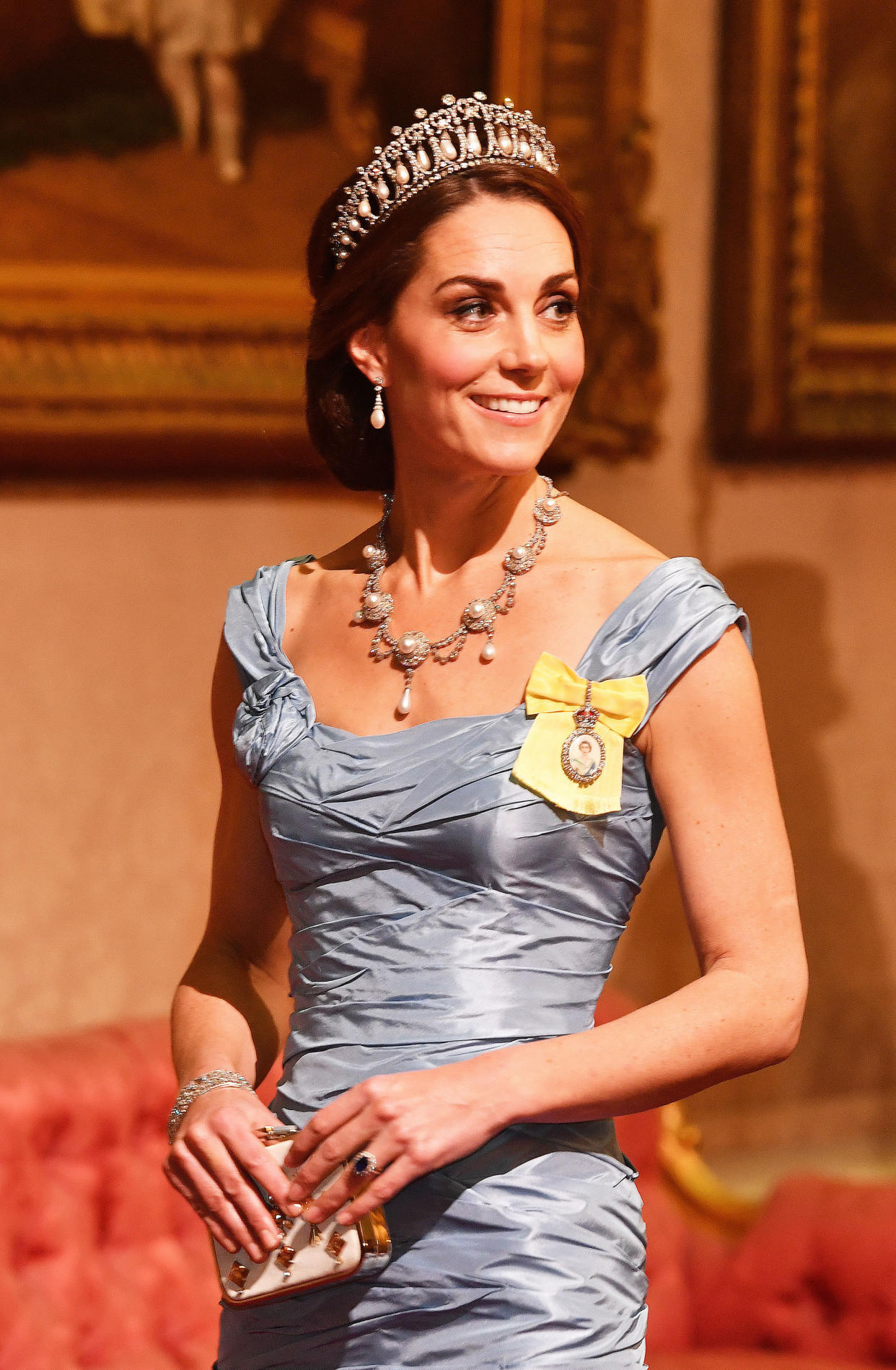 There’s a special meaning behind the Duchess of Cambridge’s brooch she wore on Tuesday night. Source: Getty