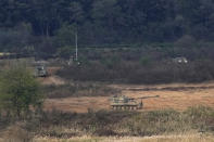 South Korean army K-9 self-propelled howitzers move in Paju, near the border with North Korea, South Korea, Tuesday, Oct. 19, 2021. North Korea on Tuesday fired at least one ballistic missile into the sea in what South Korea’s military described as a weapon likely designed for submarine-based launches, marking possibly the most significant demonstration of the North’s military might since President Joe Biden took office.(AP Photo/Ahn Young-joon)