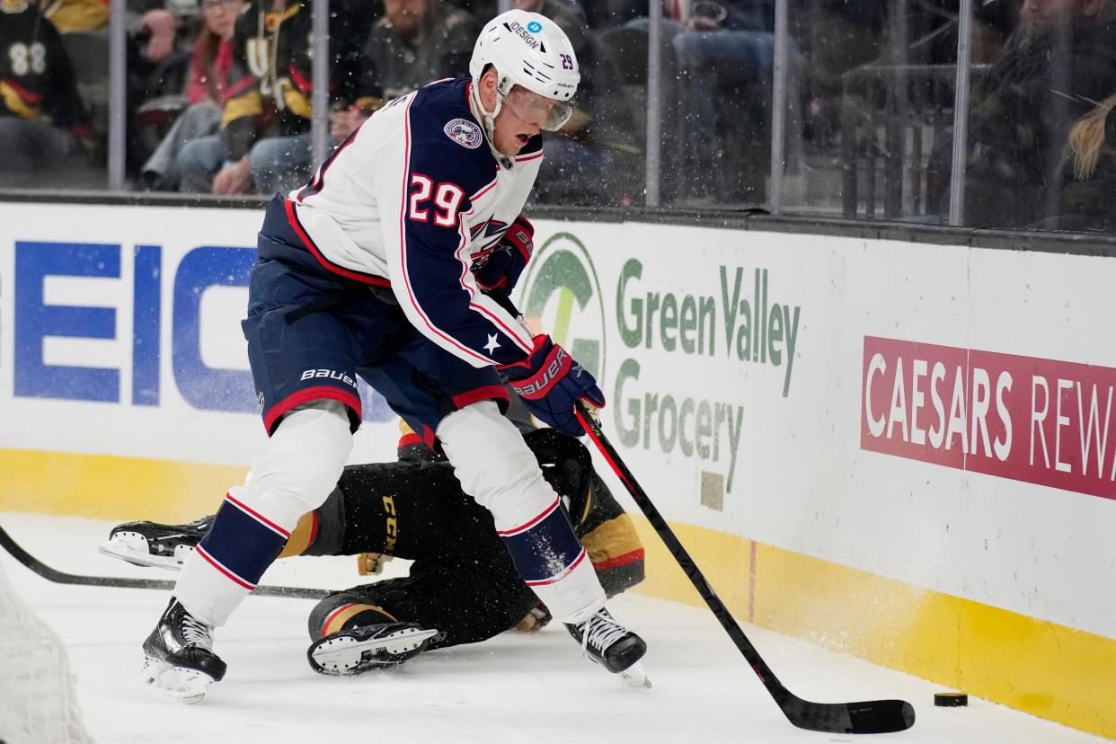 Blue Jackets forward Patrik Laine was just 3-for-17 on faceoffs against the Golden Knights but had two assists in his first game at center.