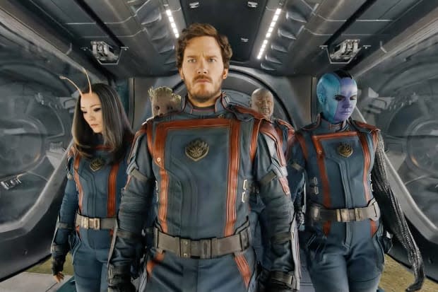 Pom Klementieff as Mantis, Groot, Chris Pratt as Star-Lord, Dave Bautista as Drax and Karen Gillan as Nebula in "Guardians of the Galaxy Vol. 3"<p>Marvel Studios</p>