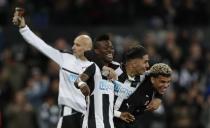 Britain Football Soccer - Newcastle United v Preston North End - Sky Bet Championship - St James' Park - 24/4/17 Newcastle's Christian Atsu celebrates being promoted to the premier league with Ayoze Perez and DeAndre Yedlin Action Images via Reuters / Lee Smith Livepic