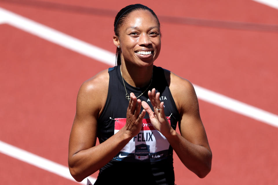 Allyson Felix, pictured here acknowledging the crowd at the US national championships.