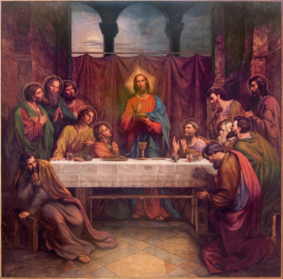 Painting of Jesus at the Last Supper with his disciples, depicted in historical attire