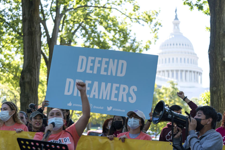 People rally outside the Capitol in support of the Deferred Action for Childhood Arrivals (DACA), during a demonstration on Capitol Hill in Washington, Thursday, Oct. 6, 2022. ( AP Photo/Jose Luis Magana)