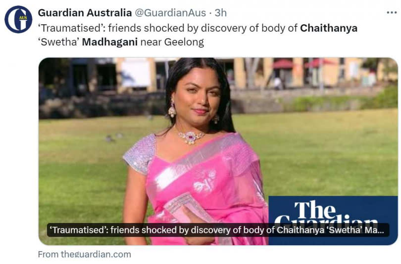 來自印度海德拉巴的30歲女子柴塔尼亞，與家人居住在澳洲，被人發現陳屍在一個綠色垃圾桶中 。（圖／翻攝自X）