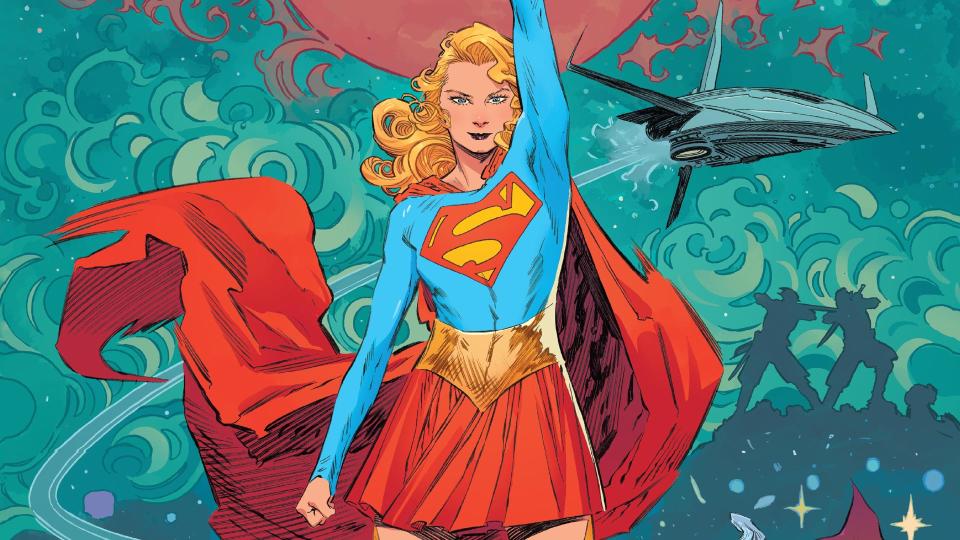 A screenshot of the Supergirl: Woman of Tomorrow graphic novel, which shows the titular hero with her arm raised