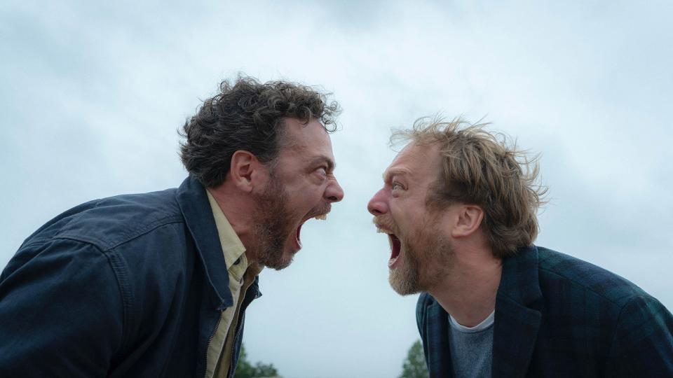 Fedja van Huêt (left) and Morten Burian play travel buddies who get their families together for a weekend that goes very wrong in the horror film "Speak No Evil."