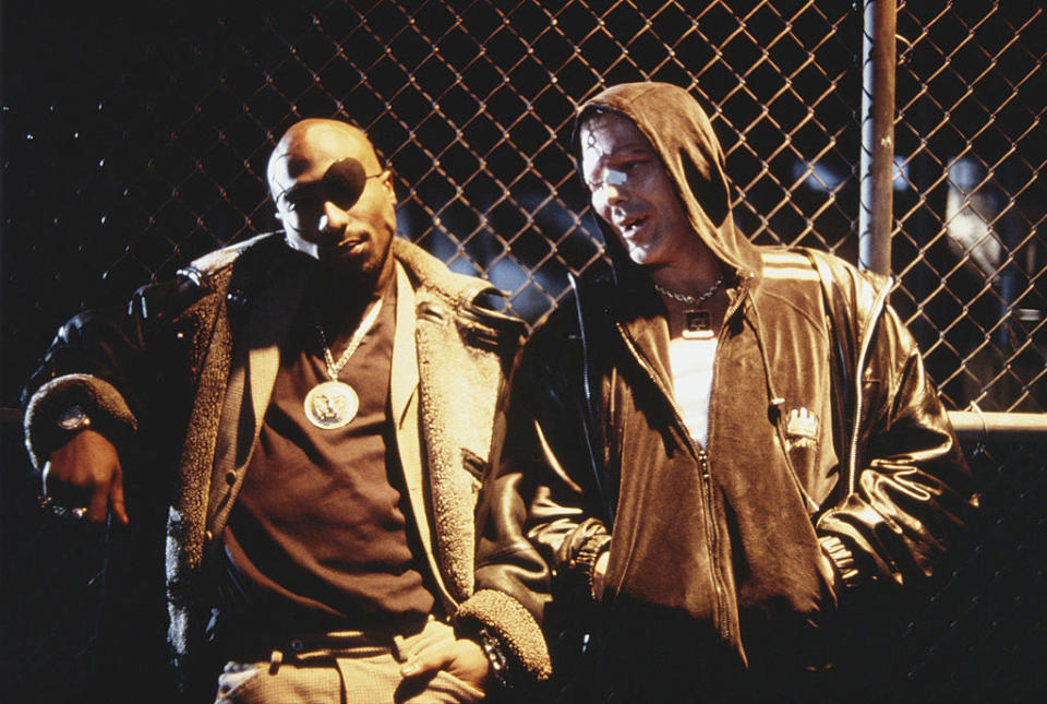 Tupac Shakur as dope-dealer Tank with Mickey Rourke in <em>Bullet</em>, 1996. (Photo by Richard Blanshard via Getty Images)