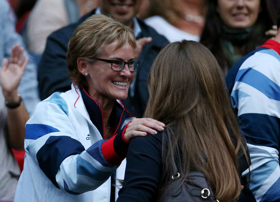 Judy Murray, mother of Andy Murray of Great Britain and Kim Sears, girlfriend of Murray, embrace after Murray defeated Novak Djokovic of Serbia 7-5, 7-5 in the Semifinal of Men's Singles Tennis on Day 7 of the London 2012 Olympic Games at Wimbledon on August 3, 2012 in London, England. (Photo by Clive Brunskill/Getty Images)