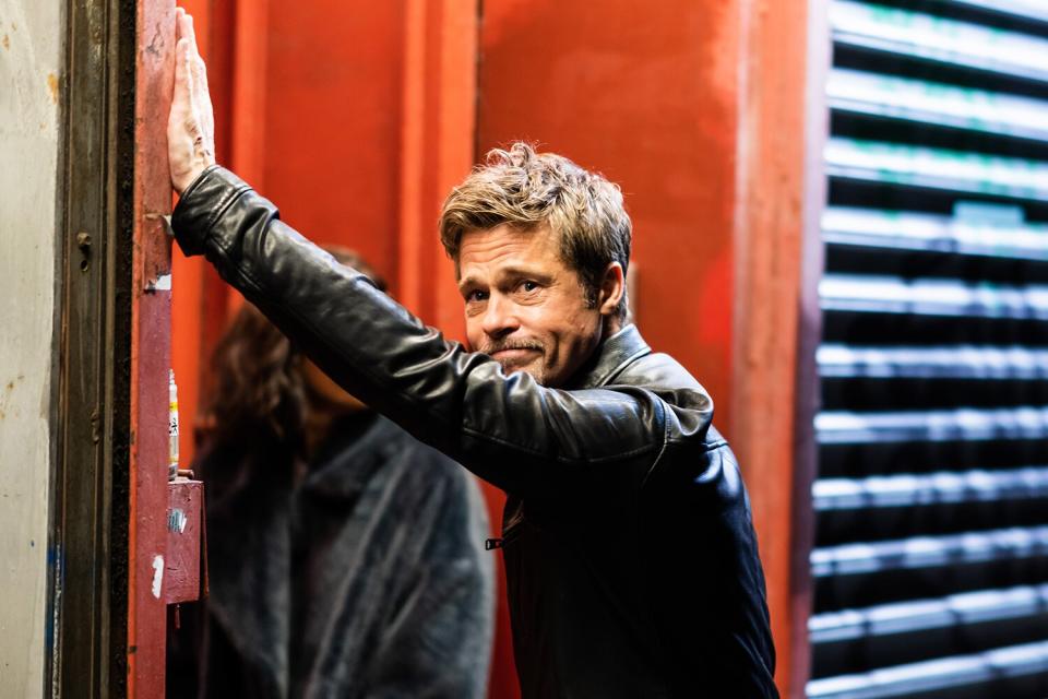 Brad Pitt is seen filming "Wolves" in Chinatown