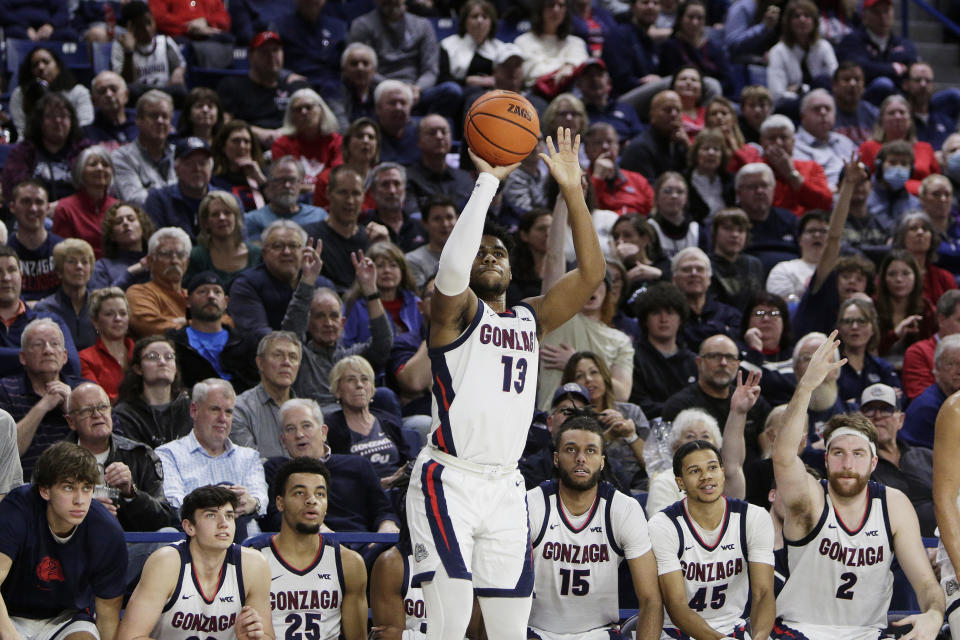 Gonzaga guard Malachi Smith shoots during the second half of the team's NCAA college basketball game against Portland, Saturday, Jan. 14, 2023, in Spokane, Wash. Gonzaga won 115-75. (AP Photo/Young Kwak)