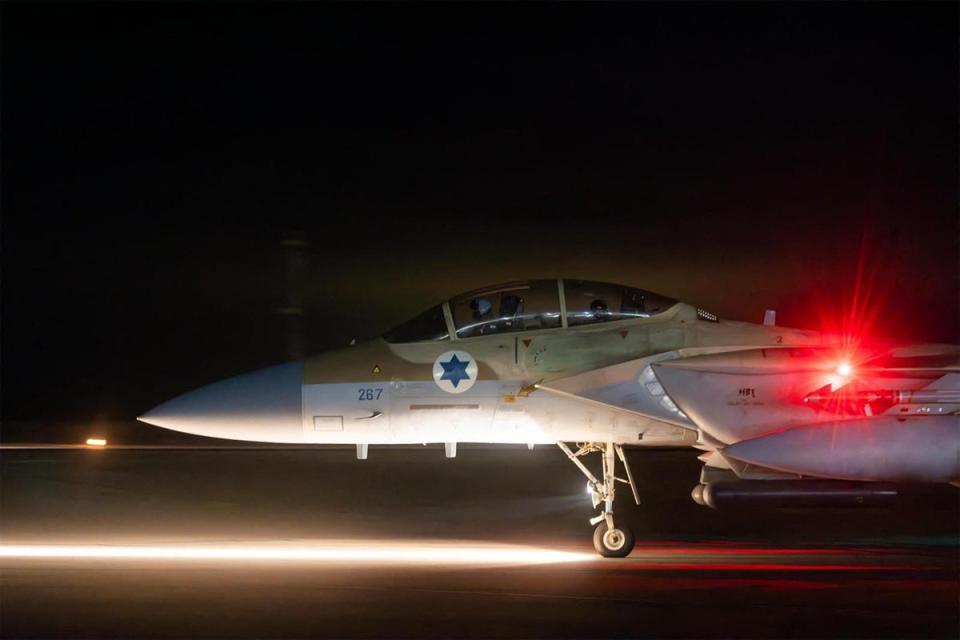 An Israeli Air Force fighter aircraft at an undisclosed airfield reportedly after a mission to intercept incoming airborne threats (Israeli Army/AFP via Getty Image)