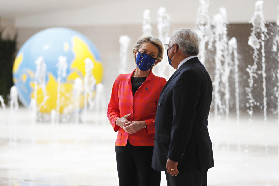 European Commission President Ursula von der Leyen meets with Portuguese Prime Minister Antonio Costa at the Center for Living Science in Lisbon, Wednesday, June 16, 2021. The president of the European Commission has started in Lisbon a tour of some European Union capitals to announce the initial endorsement of their plans for spending the bloc's massive economic recovery fund. (AP Photo/Armando Franca)